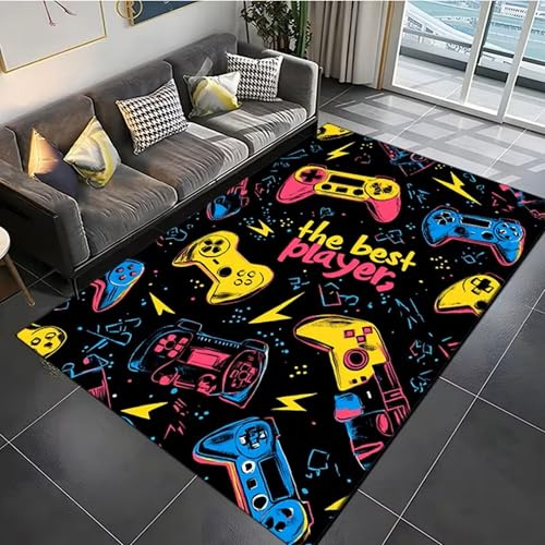 SOJAWA Multi Controller Gaming Teppich, 180x230cm Bunter Spielteppich mit the Best Player Schriftzug, Kurzer Flor Anti-Rutsch Waschbarer Teppich für Jugendzimmer, Spielbereich, Wohnzimmer