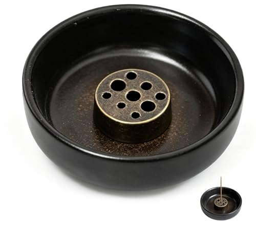 Incense Holder with Ash Catcher, Handmade Incense Burner for Sticks and Cones, Ceramic Round Aroma Bowl for Home Decor Meditation Yoga, Iron Rust Glaze Finish for Room,Home, Office(Black)