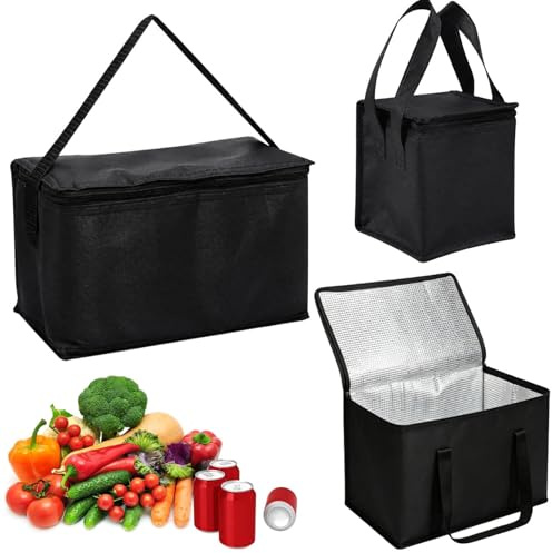 SurPse 3-Piece Cooler Bag Set, Foldable Insulated Bag for Food Delivery, Freezer Bags for Shopping, Black Thermal Bags in Large Medium Small Sizes for Picnic, Travel and Daily Lunch
