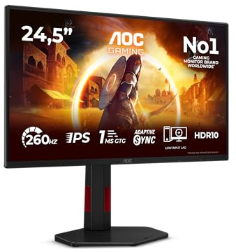 AOC 25G4ZR 25 Zoll FHD Monitor, 260Hz, Fast IPS Panel, 1ms GtG, Adaptive Sync, HDR10, G-Sync Compatible, Höhenverstellung,(1920x1080 HDMI 2X 2.0 DP 1x 1.4) Schwarz