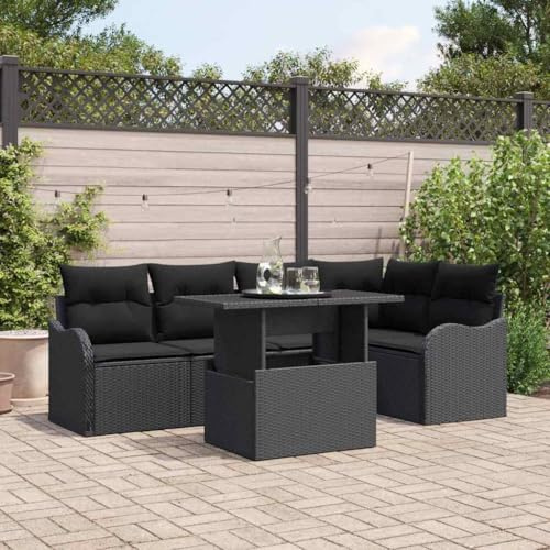 Modulares rechteckiges Esszimmer Set 6 Personen schwarz Polyrattan mit Kissen, Eckbank, 2 Sessel, 2 Armlehnsofas und Tisch mit Glasplatte, 100 x 55 x 73 cm