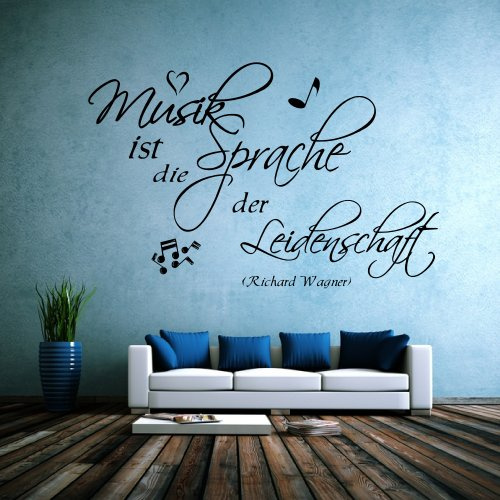 Wandtattoo fürs Wohnzimmer 68073-58x37 cm, ~ Zitate R. Wagner Musik ist die Sprache der Leidenschaft, mit Noten ~ Wandaufkleber Wandtatoos Sticker Aufkleber für die Wand, Fensterbild, Tapetensticker, Türaufkleber, Tattoo aus Markenfolie in 32 Farben