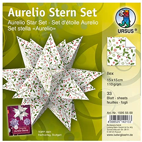 Ursus 15955500 - Faltblätter Aurelio Stern Ilex, weiß / rot / grün, 33 Blatt, aus Shimmer Papier 110 g/qm, ca. 15 x 15 cm, Vorderseite mit Veredelung, ideal als Weihnachtsdeko
