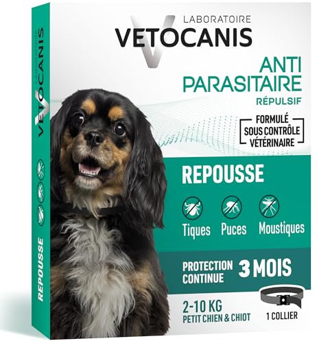 Vétocanis - Collier Répulsif Puces Tiques Moustiques - Protection 3 mois - Petit Chien et Chiot 2 à 10 kg - Extraits Naturels Margosa et Lavandin