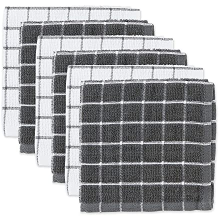 DII 100% algodón, Lavable a máquina, Ultra Absorbente, Basic Everyday 12 x 12 paños de Cocina de Rizo, diseño de Ventana, Juego de 6 Unidades, Color Gris