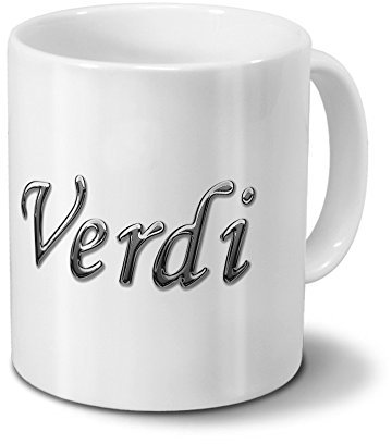 Tasse mit Namen Verdi - Motiv Chrom-Schriftzug - Namenstasse, Kaffeebecher, Mug, Becher, Kaffeetasse - Farbe Weiß