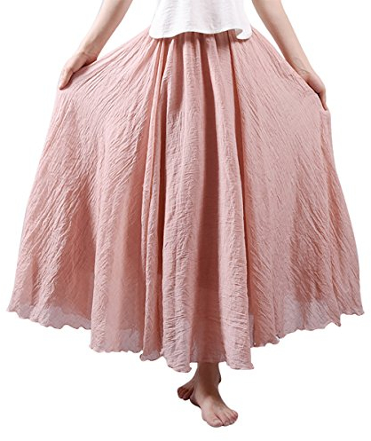 FEOYA Damen Maxirock Baumwolle Leinen Rock Elastische Taille Rock Plissee Retro Langrock Faltenrock Sommerrock Strand Festlich Freizeit