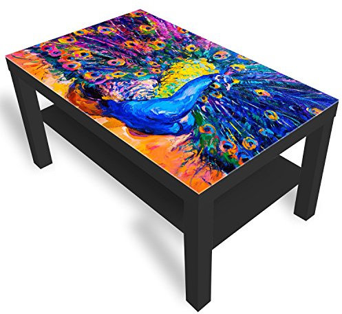 DekoGlas Beistelltisch Couchtisch 'Bunter Pfau' Sofatisch mit Motiv Glasplatte Kaffee-Tisch, 90x55x45 cm Schwarz