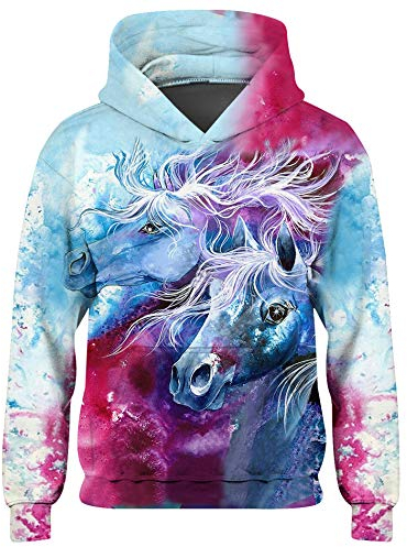 Loveternal Farbiges Pferd Hoodies Kinder 3D Druck Kapuzenpullover 5-6 Jahre Langarm Tops Leichte Sweatshirts Mit Taschen Weiß M