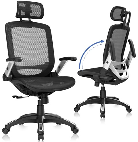 GABRYLLY Ergonomic Office Chair, High Back Home Desk Chair with Headrest, Flip-Up Arms, 90-120° Tilt Lock and Wide Cushion, Big and Tall Mesh Chairs for Man Woman, Black Task Chair