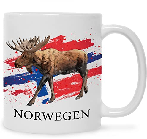 Bedruckte Tasse mit Motiv - Norwegen - Flagge mit Elch - Geschenk für Mama Papa Freunde Geburtstag Valentinstag Weihnachten - für Männer & Frauen - für Sie & Ihn - Farbe: Weiß