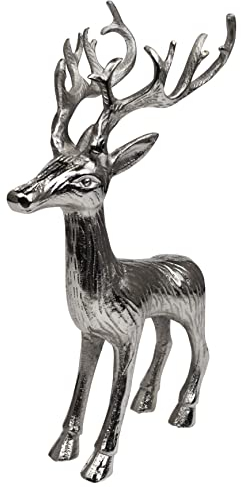 MichaelNoll Hirsch Dekoration - Stehend - Rentier Aluminium Metall Silber - Figur Statue Dekofigur - Deko für Wohnzimmer, Küche, Schlafzimmer - Weihnachten Winter - Hirschgeweih Dekoration XL 41 cm