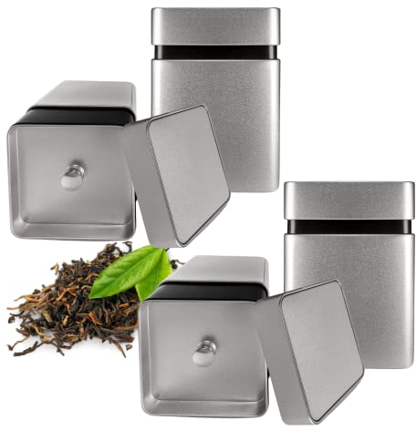 LIVIZIMO 4 x Teedosen für losen Tee 100g 150g - Teedose luftdicht - Teeaufbewahrung aromadicht - Teedose Klein Eckig - Tee Dose mit Deckel - Metalldosen für Frische und Organisation in jeder Küche.