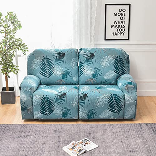 FANSU Housse de Fauteuil Relax Extensible 2 Places, Housse de Fauteuil Relax Inclinable avec Poche, 6 Pièce Protege de Meubles pour Canapé (2 Places,Feuille Bleue)