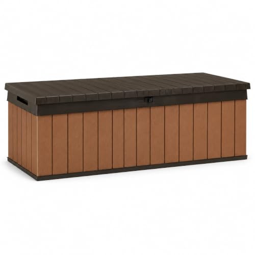 Koll Living Auflagenbox/Kissenbox Darwin l 100% Wasserdicht l mit Belüftung dadurch kein übler Geruch/Schimmel l Moderne Holzoptik l Deckel belastbar bis 300 KG (2 Personen) (Braun, 380 Liter)