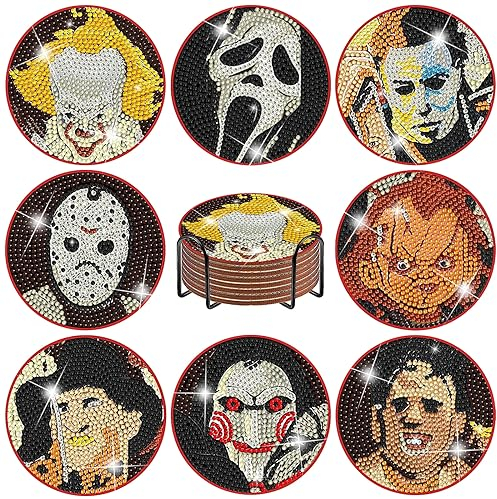 Lukinuo 8pcs Diamant Malerei Untersetzer Kit mit Halter Kork Basis DIY Halloween Untersetzer Diamant Kunst Voll Bohrer Strass Malerei Kits für Anfänger Erwachsene Kinder Halloween Zubehör