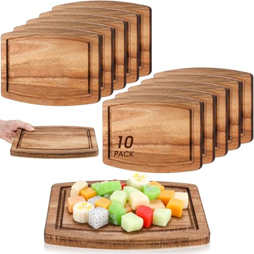 Kigley Lot de 10 planches à découper en bois d'acacia pour gravure laser - Assiettes à dîner en bois avec rainure, planche à charcuterie - Plateau à découper pour pendaison de crémaillère - Cadeaux de
