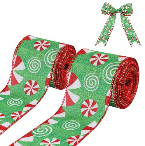 2 Rotoli Nastri Natale con Filo Ferro, 6,3cm Nastro Natalizio con Caramelle alla Menta Piperita Decorazioni Nastro Albero di Natale per Artigianato Ghirlande Confezioni Regalo (Fondo Verde)