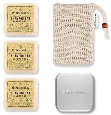 Störtebekker® Premium Duschset - Festes Shampoo Sandelholz (x3), Sisalsäckchen + GRATIS Seifendose Aluminium - Shampoo Bar Set für Haar, Gesicht & Körper - Handgefertigt in Seifenmanufaktur