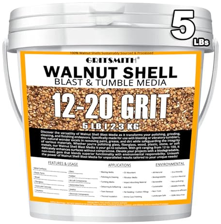 GRITSMITH 12-20 Grit Ground Walnut Shell Media (5 LBS / 2.3 KG) - Medium Grit for Tumbling, Blasting, Vibratory, Polishing, Deburring, Anti-Skid, Fillers