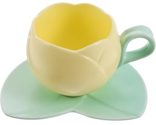 FülleMore Niedliche Tulpen Tasse mit Untertasse 280ml Porzellanbecher 3D Tulpenform Blumenform Keramiktasse für Frauen Mädchen Mama Freundin Geburtstag Valentinstag Muttertag (Gelb)