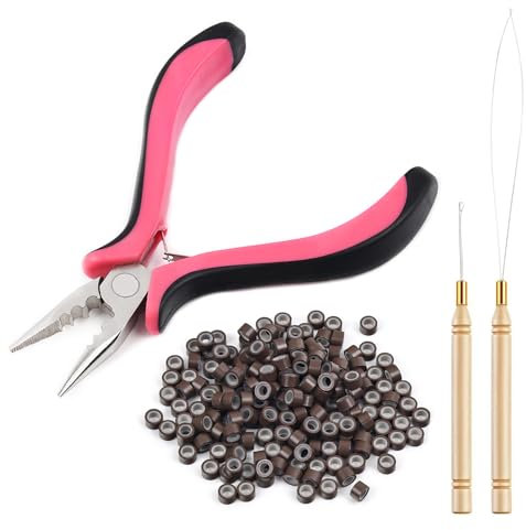 Vlasy Hair Extensions Pliers Kit with 3 Holes Pliers,Loop Needle Threader,Pulling Hook Needle and 100Pcs 5.0mm Silicone Micro Rings Beads for Hair Extensions or Hair Tinsel(Brown)