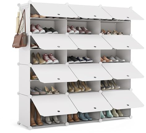 Mondeer Schuhregal, 3x7 Tier Würfel Kunststoff Schuhschrank, Modular Schuhaufbewahrung Hält 42 Paar Schuhe mit Tür, Platzsparend für Alle Arten von Schuhen, für Flure, Schlafzimmer, Eingänge, Weiß