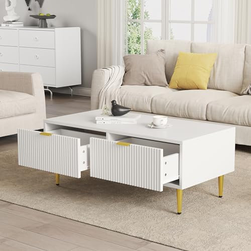 BTM Table Basse Moderne, Table Basse carrée avec 2 tiroirs, décorations dorées, Charge 50kg, 100x50x40 cm, Blanc