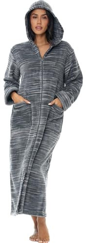 Alexander Del Rossa Fleece-Bademantel mit Reißverschluss vorne, Kapuzen-Bademantel für Damen, langer Bademantel, Dunkelgrau meliert, X-Large