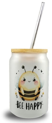 speecheese Biene Bee Happy Trinkglas mit Bambusdeckel mit niedlich dicker Biene in Cartoon-Zeichnung flauschig und freundlich immer glücklich