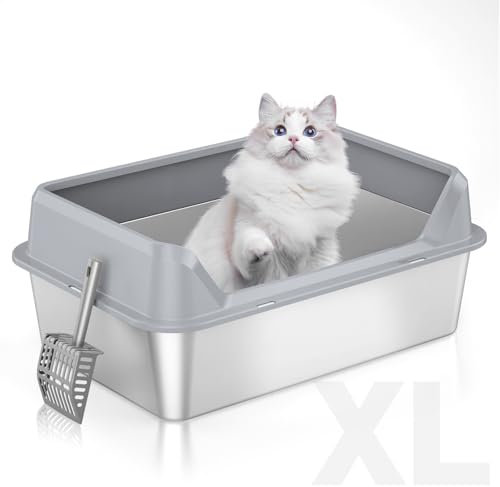 TownTime Katzenklo Edelstahl, Katzenklo XXL Offen, Geruchsfrei Katzenklo Groß, Katzentoilette Edelstahl, Katzenklo Mit Hohem Rand, Ohne Deckel(Grau)