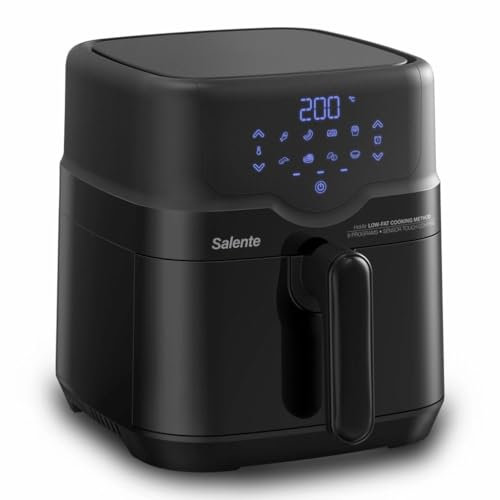 Salente HotAir, 2-in-1 Heißluftfritteuse mit Grill, 4,3 l, digitaler LED-Touchscreen, 8 Programme, Timerfunktion, ölfrei, 80-200 °C, energiesparend, schwarz