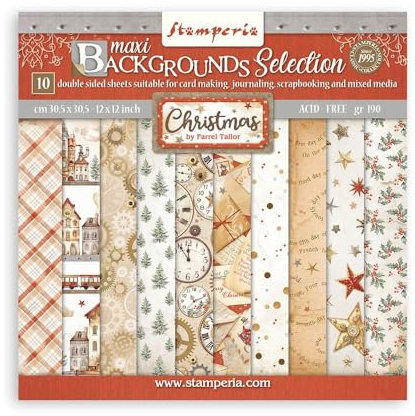 Stamperia - Scrapbook Paper Pad for Scrapbooks, Albums, Cards, Bullet Journals and More, Acid Free, Double-Sided, Perfect for Crafts and Gifting (Gear up for Christmas Maxi Background) (30.5 x 30.5cm)