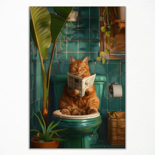 Lustige Katze liest Zeitung auf Toilette, Leinwand-Kunst, niedliches , Badezimmer-Poster, Tier-Dekor, 30,5 x 40,6 cm, ungerahmt