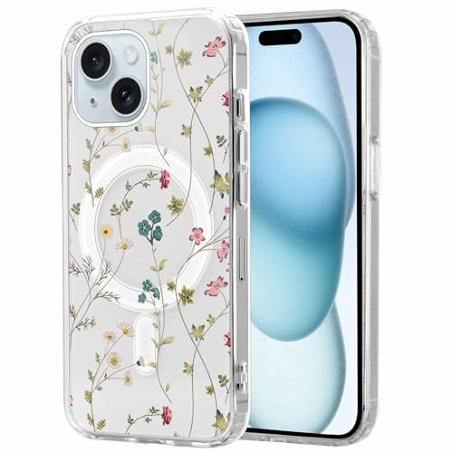 Foonary Magnética Funda para Apple iPhone 15 6,1, Aesthetic Flor Dibujos Carcasa Compatible con MagSafe Carga Inalámbrica, Transparente Silicona Magnético Cover para iPhone 15 Case,Flores6