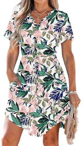AUSELILY Summer Dresses for Women UK Casual V Neck Short Sleeve Drawstring Midi Dresses with Pockets Pink Green Flowers M