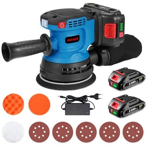 ONEVAN Smerigliatrice orbitale a batteria 125 mm, senza spazzole, levigatrice exenter, a 3 marce, con 2 batterie da 2000 mAh, smerigliatrice elettrica con sacchetto per la polvere, 5 fogli di sabbia,
