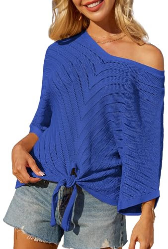 GRACE KARIN Strickpullover mit Lochmuster für Damen süße Sommeroutfits Oberteile Häkel-Strandmode V-Ausschnitt Fledermausärmel Saphir L