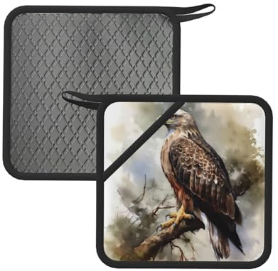 Topflappen mit Tasche für Küche, hitzebeständige Silikon-Heißpads für Arbeitsplatten, Ofen, Aquarell von Falke, sitzend im Baum, Topflappen-Set zum Kochen, Backen, Ofen, Topfuntersetzer, 18 cm, 2