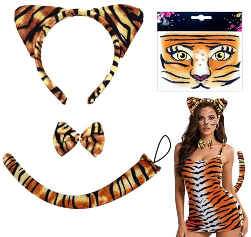 TUONYIS 4 Stück Tiger Kostüm,Tier Kostüm Set Tiger Ohren Stirnband,Tiger Tattoos Gesicht,Fliege Kragen und Schwanzset,Tier Fancy Kleid Zubehör für Kinder Erwachsene Karneval Halloween Party