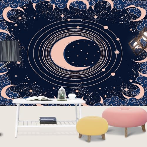 UHKGDS Moon Stars and Cloud Pattern Girls Wallpaper for Bedroom Deep Blue Night Sky Wall Paper Pink Line Wall Mural Large Artwork Living Room Mural TV Background Painting Poster 200x140cm
