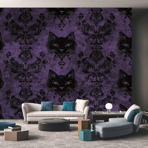Wallpaper 350cmx256cm - Purple Black Cat - Murals - Wall - Mural - Art Photo - 3D - Baroque Gothic Damask - Photo Wallpaper - Room Decoration Poster