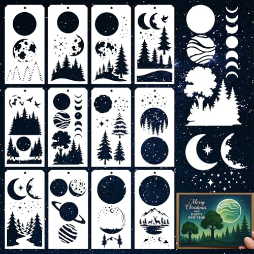 GOMAKERER 12 Blatt Overlay Schablonen Mit Wald Mondmotiv Zum Malen | 12 Stile Geschichtete Mond Designs Zeichenvorlagen Wiederverwendbare Kunstschablone Zum Malen Auf Wand Holz Heimdekoration