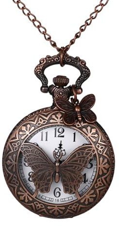 OIDEA Vintage Taschenuhr Schmetterling mit Halskette: Unisex Taschenuhr mit Kette Retro mit Arabischen Zifferblatt Quarz Geschenk für Herren Damen Antik Braun Rot
