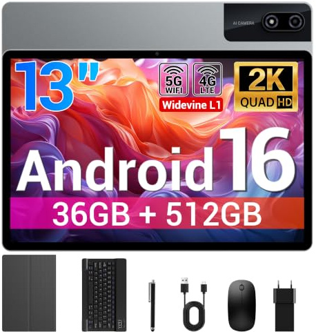 BEYNIVAN Tablet 13 Pollici Android 16 Tablet con 4G LTE/5G WiFi | 36GB RAM+512GB ROM+1TB Espansione | 2960x1848 FHD+, 1580mAh 20W,13MP+8MP,BT 5.0/GPS/Split-Screen/Face ID/Tab con Tastiera,Grigio
