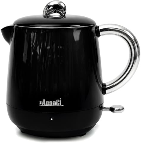 AddAcsaCi Electric Double Wall Black Kettle 600ml | Lightweight Small Electric Kettle, Cool Touch Exterior, Stainless Steel Interior, STRIX Thermostat, 1000W Quiet Boil Travel Kettle for Home/Students