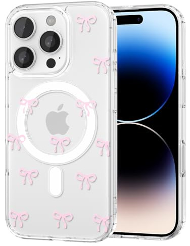 TVVTPU Magnetisch Hülle für iPhone 14 Pro Kompatibel mit MagSafe, Aesthetic Schleifen Muster Handyhülle Nie Vergilbung Dünne Transparent Hard PC Rückseite Stoßfester Kratzfest Case, Rosa