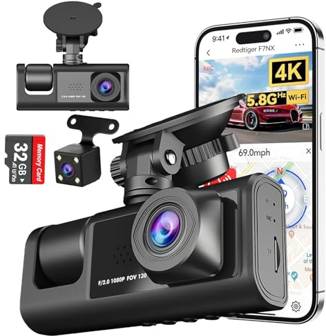 4K Dash Cam Front and Rear 1080P 3-Channel Front Inside Rear Dashcam Camera with 32GB SD Card, 170° Wide Angle, Night Vision, 24h Parking Mode, Loop Recording, G-Sensor, Parking Monitor, WDR
