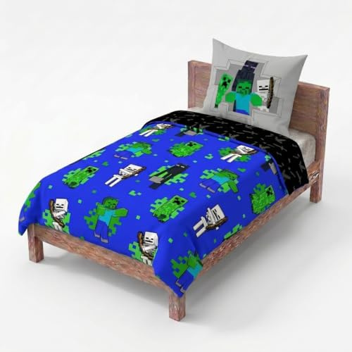 Jay Franco Minecraft Creeper Bettwäsche-Set – Superweiche Kinder-Bettwäsche mit Kissenbezug, NUR BETTBEZUG (Füllung Nicht enthalten), Endermen, Zombies, Weiß, 2-teilig Einzelbett