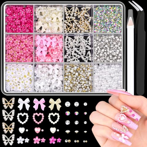 FooYee 700pcs 3D Nail Charms, Assorted Color Rhinestone Gems Kit, Flower Butterfly Heart Gems Bow knot Rhinestones Nails Art Charm with Tweezer Pickup Pencil for DIY Nail Art, Crafts(Mixed Colour))